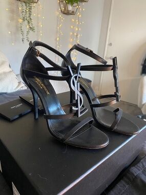 YSL Cassandra 100mm sandal heels leather RARE Black MATTE size 37 us 8